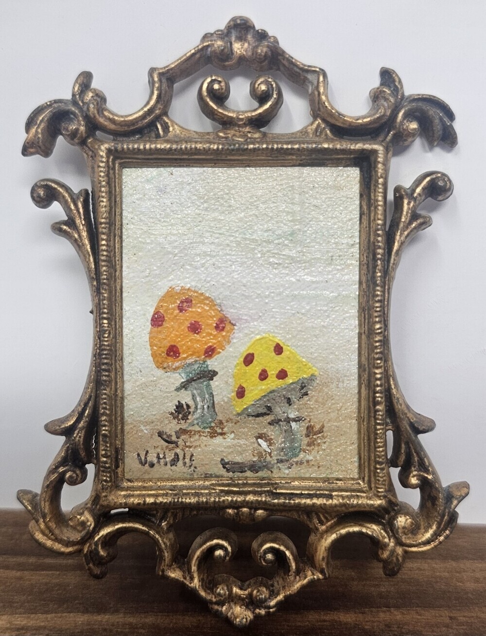 Vtg Mini Hand Painted Mushrooms Ornate Hong Kong Molded Plastic Framed Signed 4"